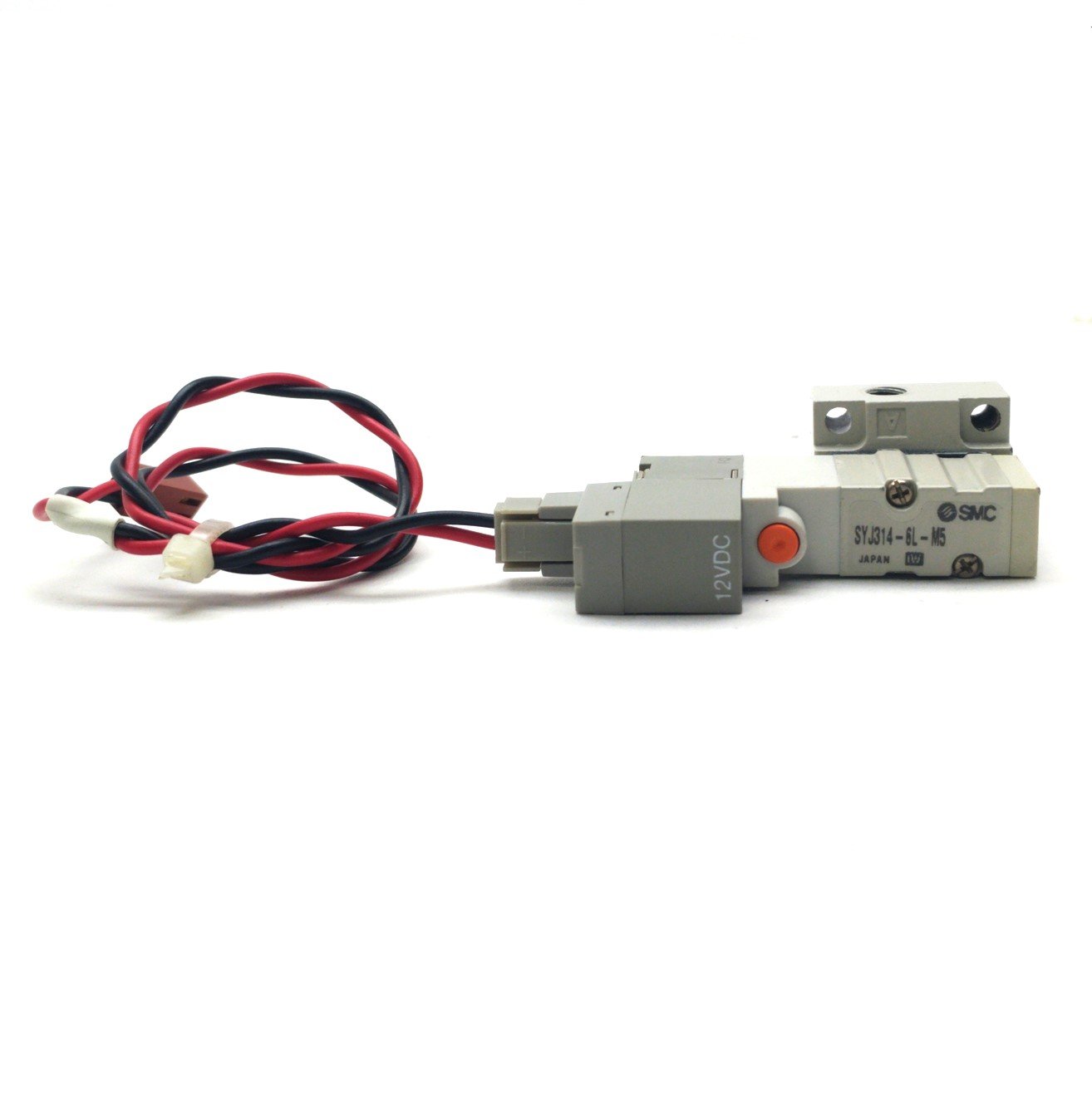 Used SMC SYJ314-6G-M5 Solenoid Valve & Manifold, 4-Way, 20-100PSI, M5-0.8 Ports,12VDC