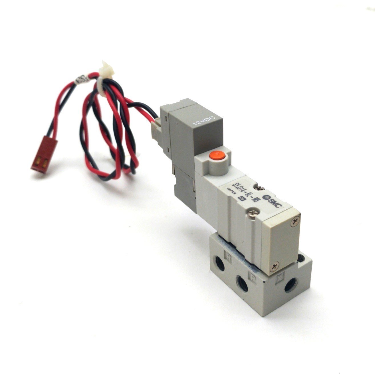 Used SMC SYJ314-6G-M5 Solenoid Valve & Manifold, 4-Way, 20-100PSI, M5-0.8 Ports,12VDC