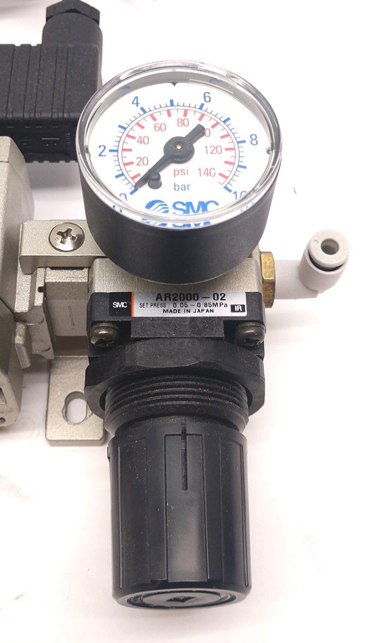 Used SMC AR2000-02 Regulator, AV2000-02-5D-Q Soft Start, VHS2500-02-X1 Shut-Off