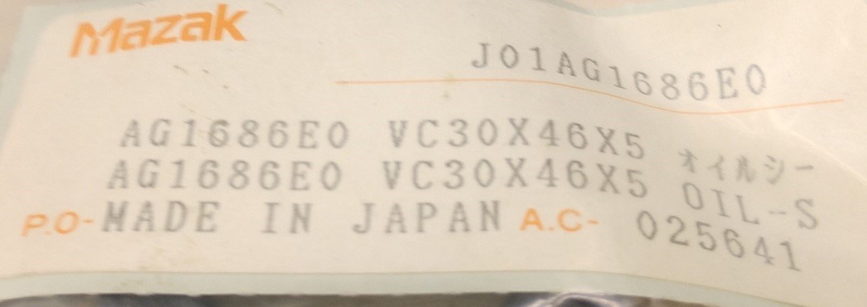 Used Mazak J01AG1686E0 Seal, AG1686E0 VC30X46X5, ID: 30mm, OD: 46mm, Thickness: 5mm