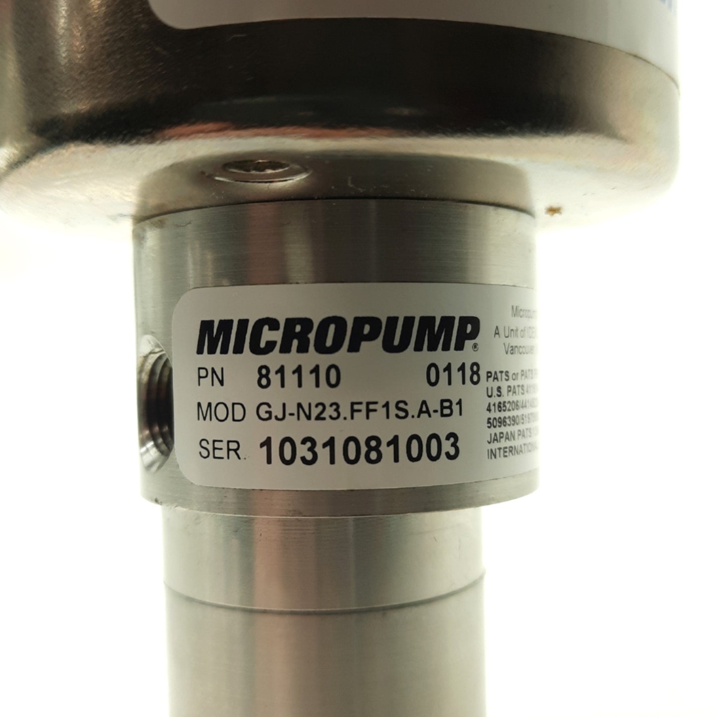 Used Micropump GJ-N23.FF1S.A-B1 Magnetic Drive Gear Pump, 0.64ml/rev, 300PSI, 1/8"NPT