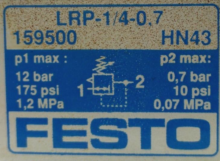 Used Festo LRP-1/4-0.7 Precision Pressure Regulator 175psi In, 0.7-10psi Out, G1/4"