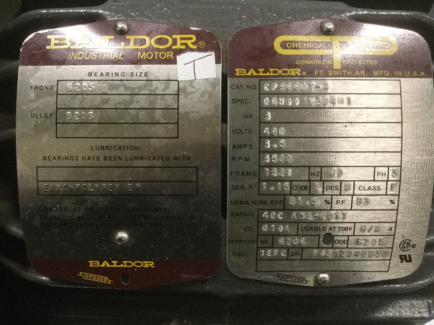 Used Baldor CP3660T-4 AC Motor 3HP 460VAC 3? 182T 3600RPM TEFC Marine+Chemical Grade2