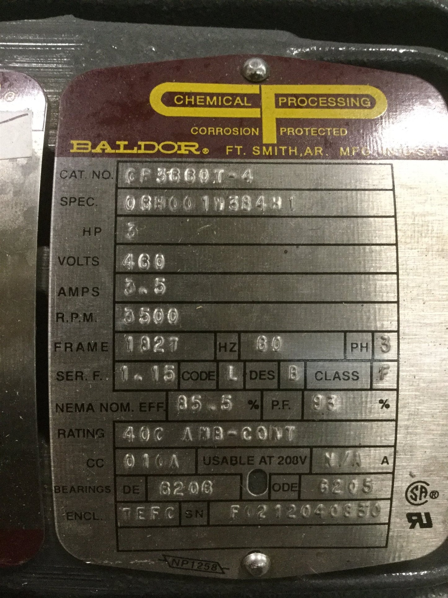 Used Baldor CP3660T-4 AC Motor 3HP 460VAC 3? 182T 3600RPM TEFC Marine+Chemical Grade2