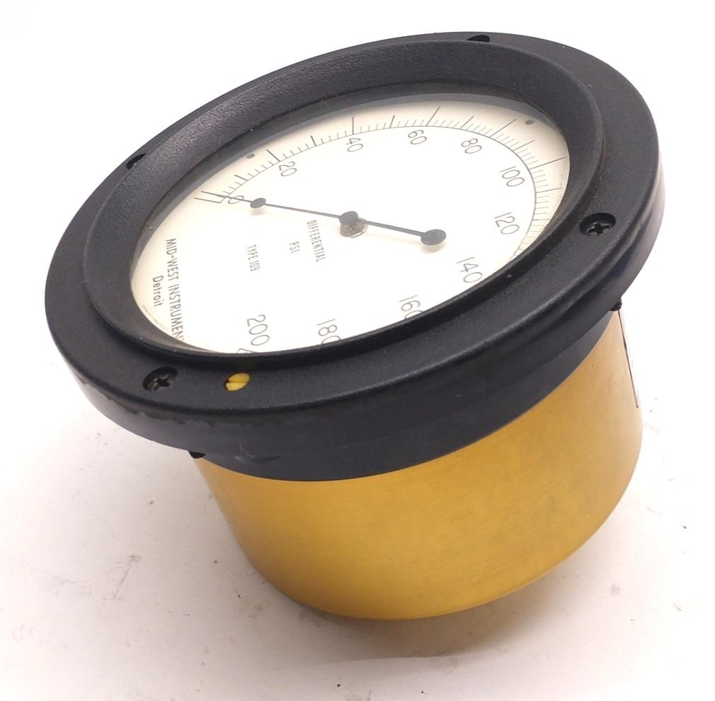 Used Mid-West Instrument 109S Differential PSI Gauge 0-200PSI, Max Working Press 5000