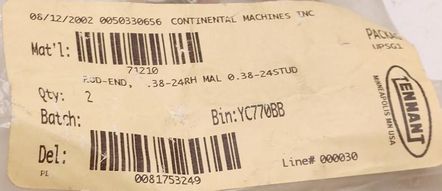 Used Tennant Rod-End, 0.38-24Rh Mal 0.38-24 Stud