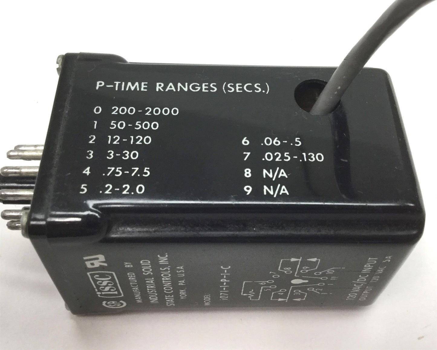 Used ISSC 1071-1-P-1-C Time Delay Relay, Input: 120VAC, Output: 120VAC 5A SPDT 11-Pin