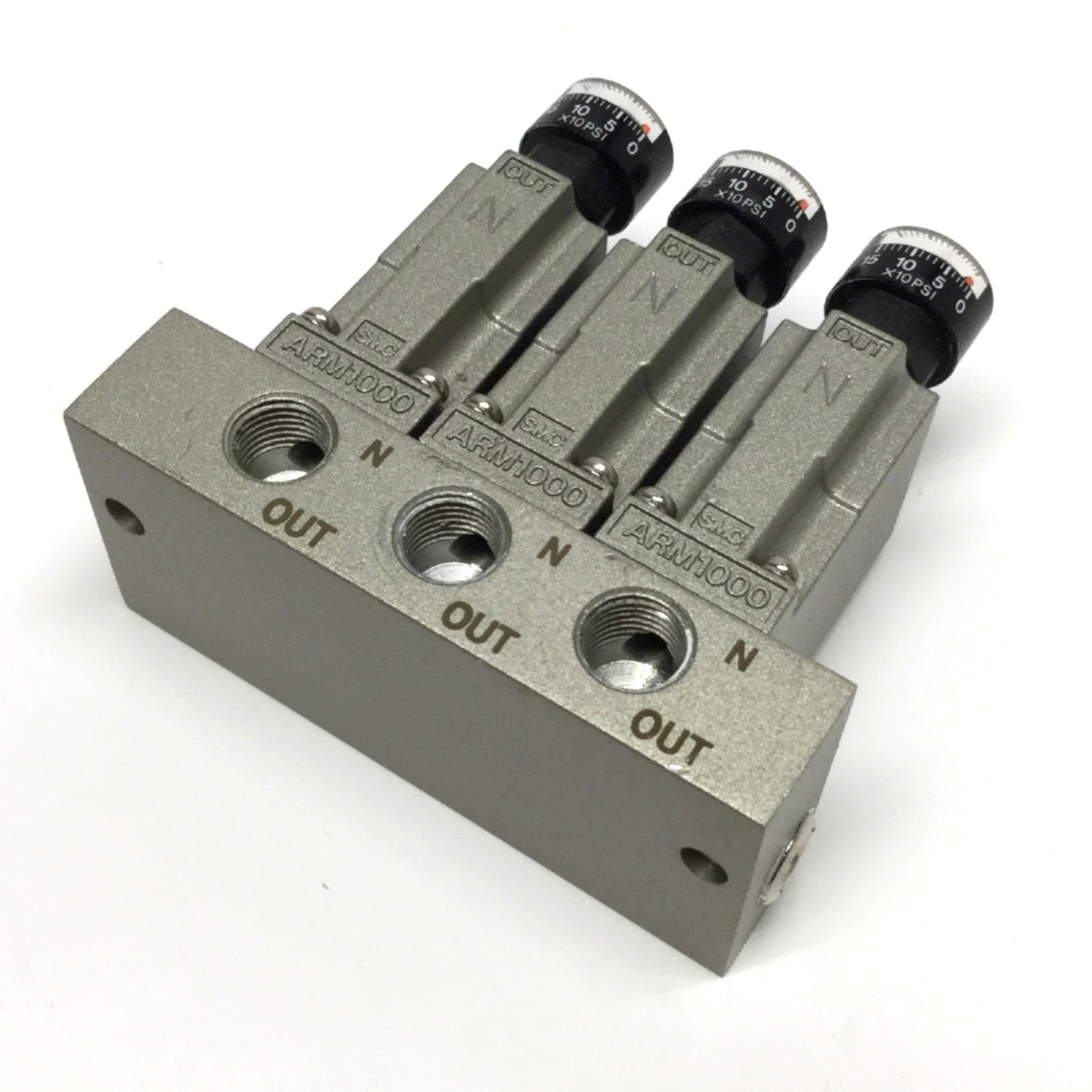 Used SMC ARM1000-3A1-N01G Manifold Regulators, 3-Station, 1/8" NPT w/Gauges 0-150psi