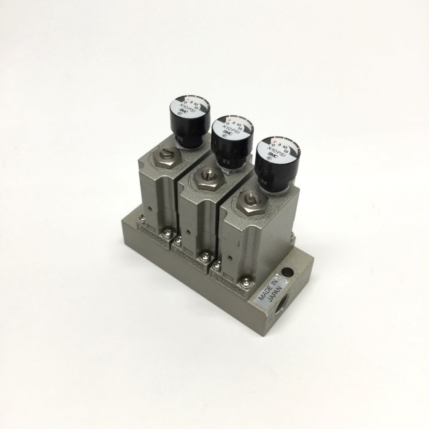Used SMC ARM1000-3A1-N01G Manifold Regulators, 3-Station, 1/8" NPT w/Gauges 0-150psi