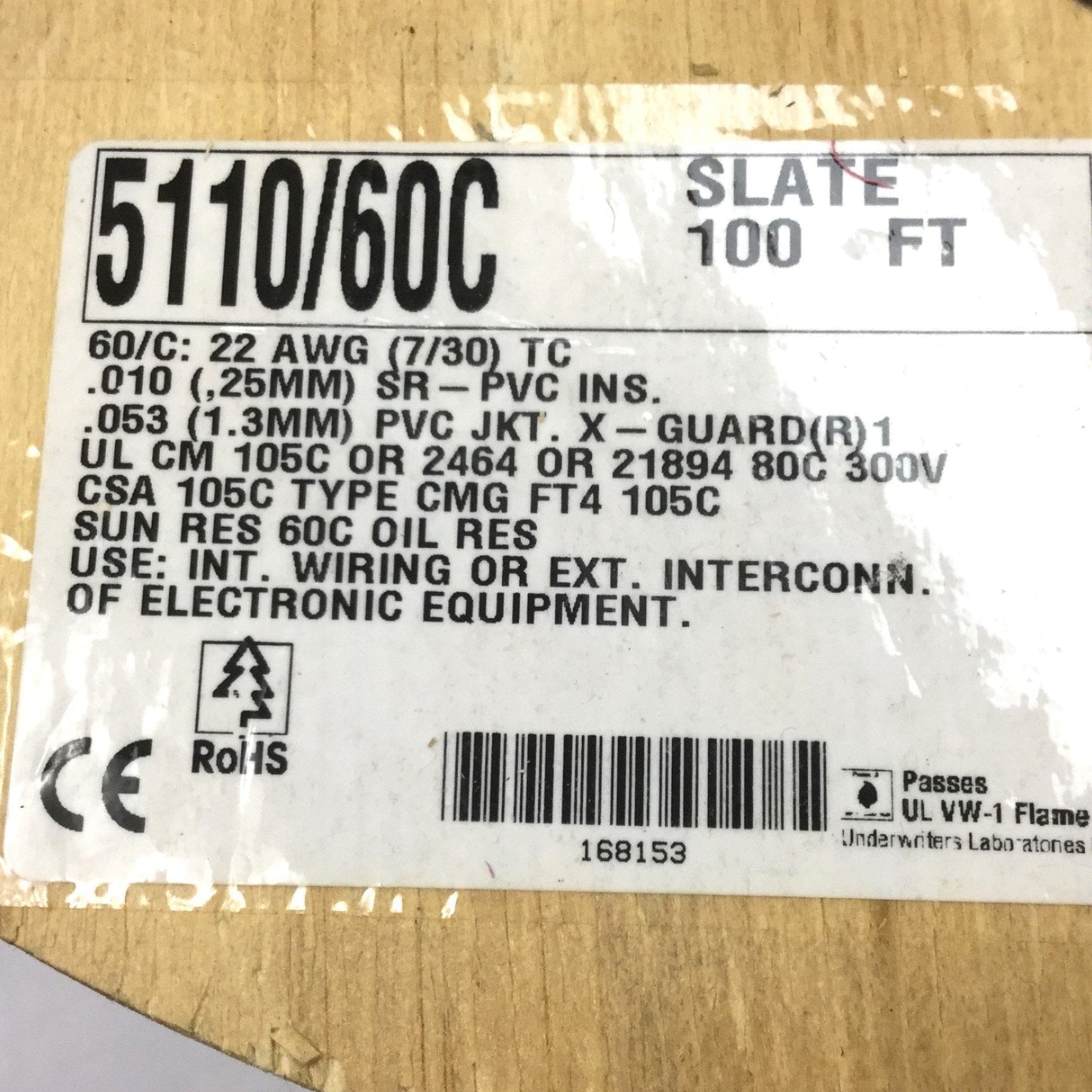 New AlphaWire 5110/60C Cable, Roll of 100ft, 60x Conductor, 22AWG, Rating: 300V RMS