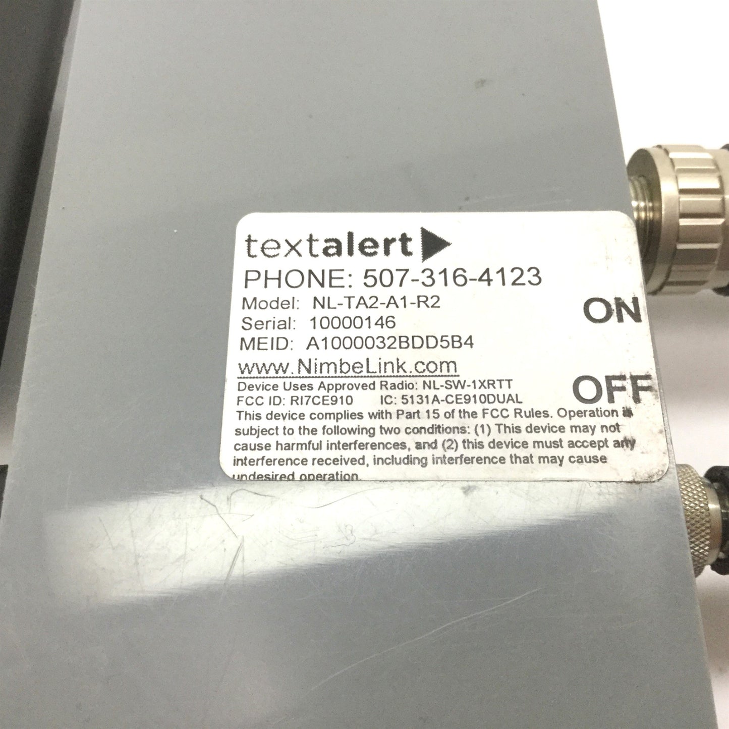 Used Nimbelink NL-TA2-A1-R2 TextAlert Module, With Antenna and Power Source