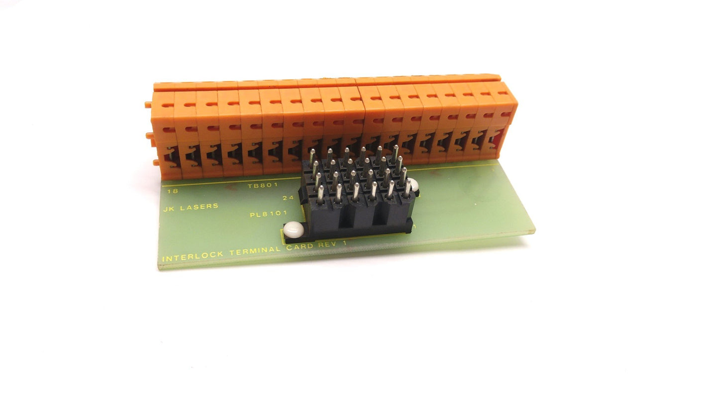 Used JK LASERS 700 Interlock Terminal Card Rev 1, 24 Pin, 18 Screw Clamp Connections