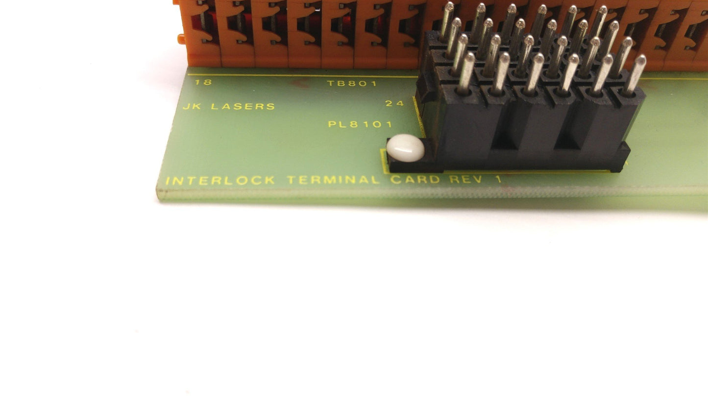 Used JK LASERS 700 Interlock Terminal Card Rev 1, 24 Pin, 18 Screw Clamp Connections