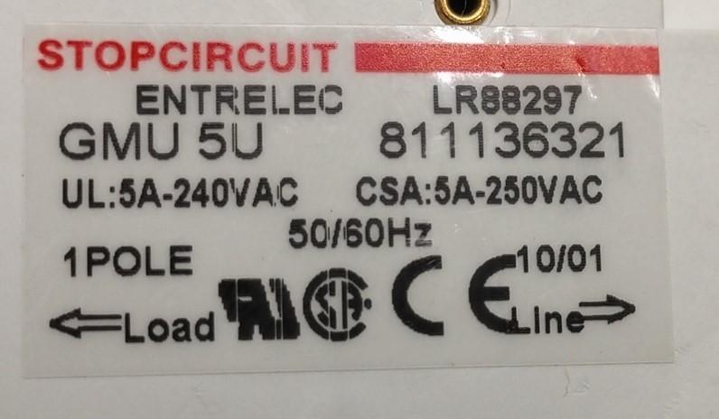 Used Lot of 3 Entrelec LR88297 1-Pole Circuit Breaker, UL 5A-240VAC, CSA 5A-250VAC