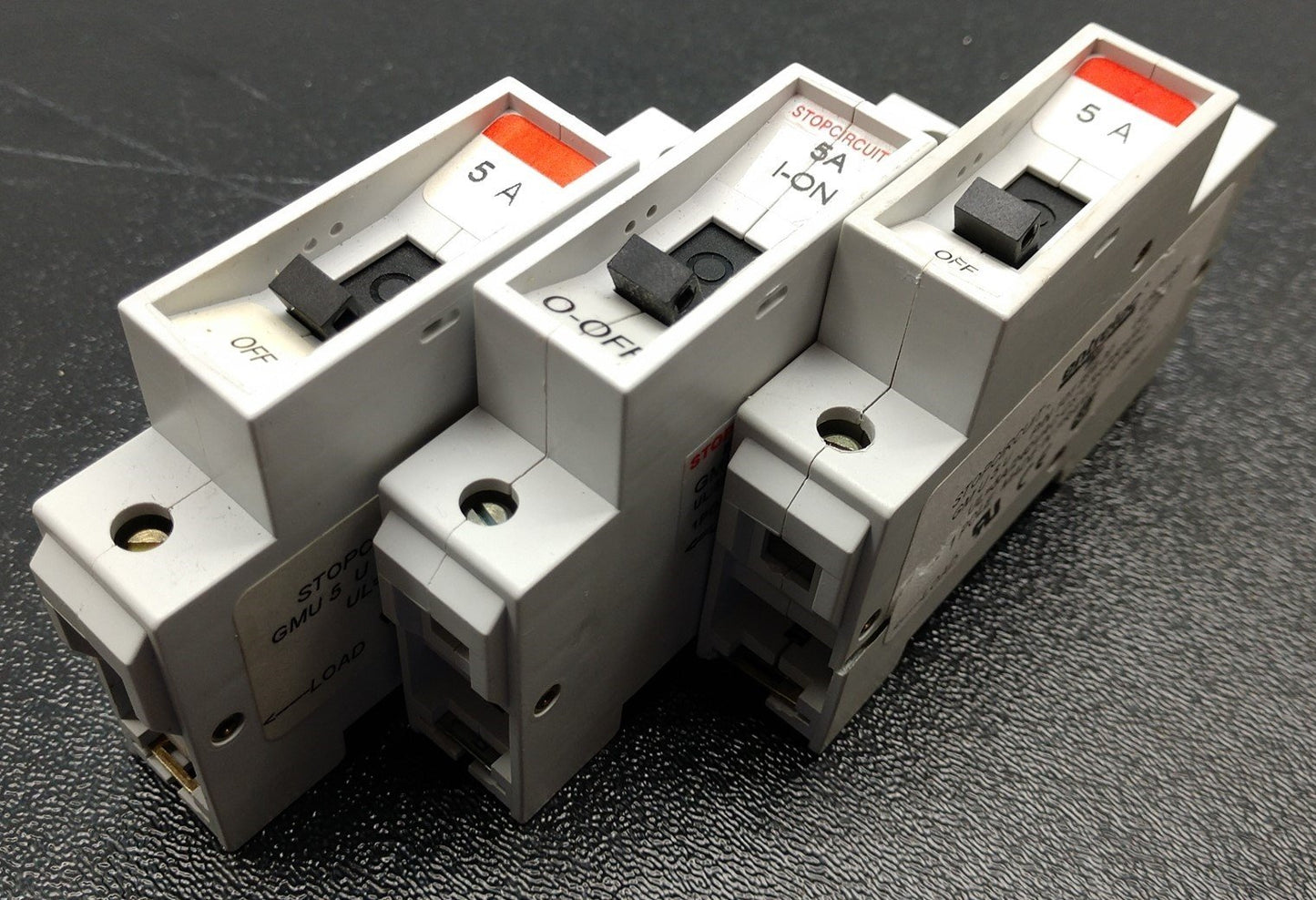 Used Lot of 3 Entrelec LR88297 1-Pole Circuit Breaker, UL 5A-240VAC, CSA 5A-250VAC