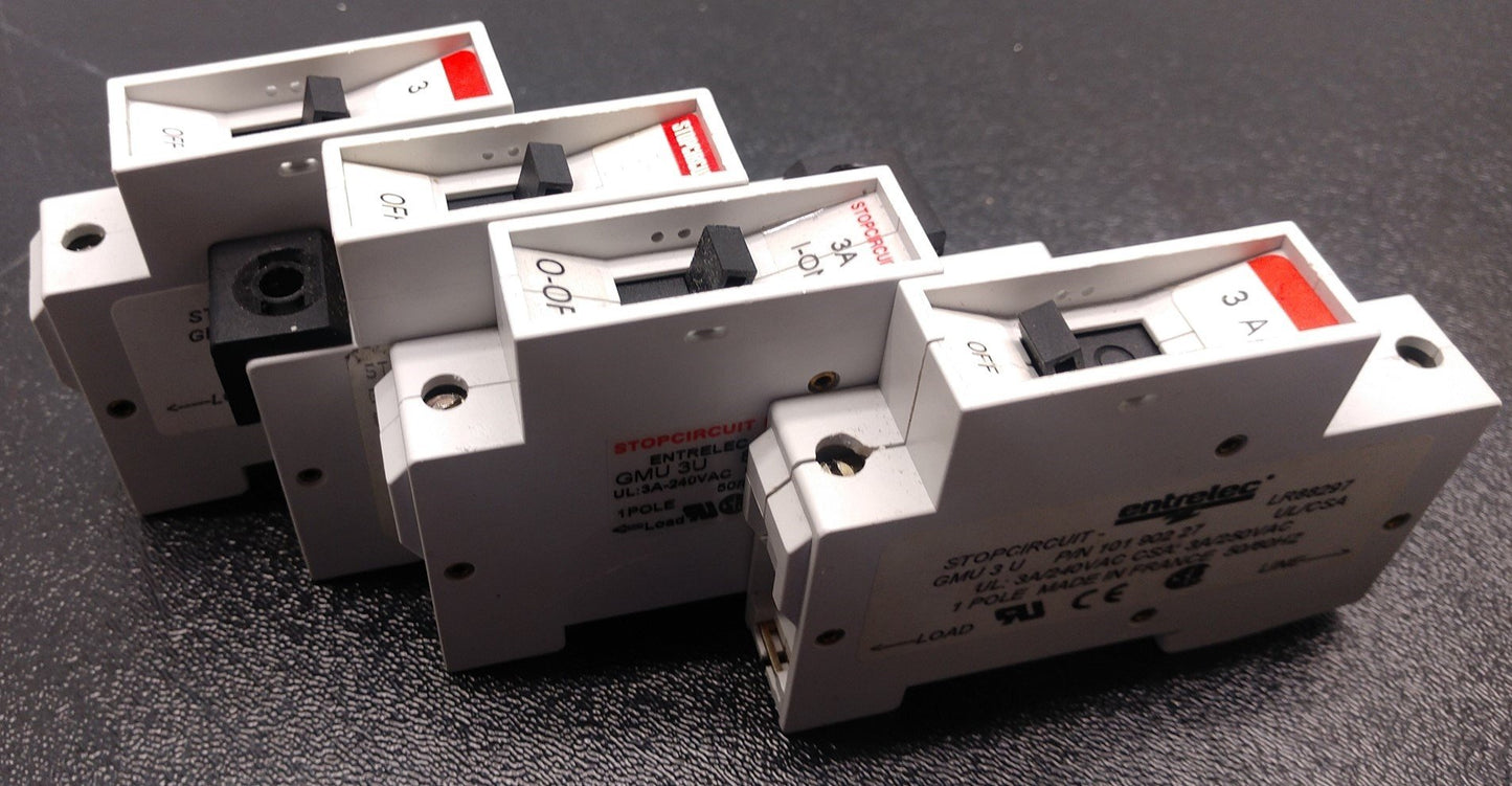 Used Lot of 4 Entrelec LR88297 3 Amp 1-Pole Circuit Breaker UL 3-240VAC CSA 3A-250VAC