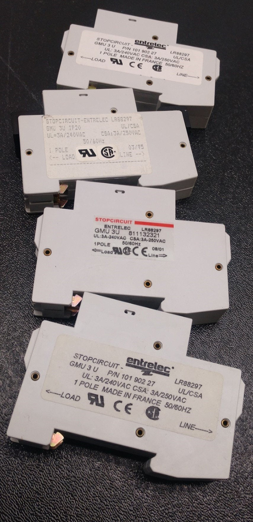 Used Lot of 4 Entrelec LR88297 3 Amp 1-Pole Circuit Breaker UL 3-240VAC CSA 3A-250VAC