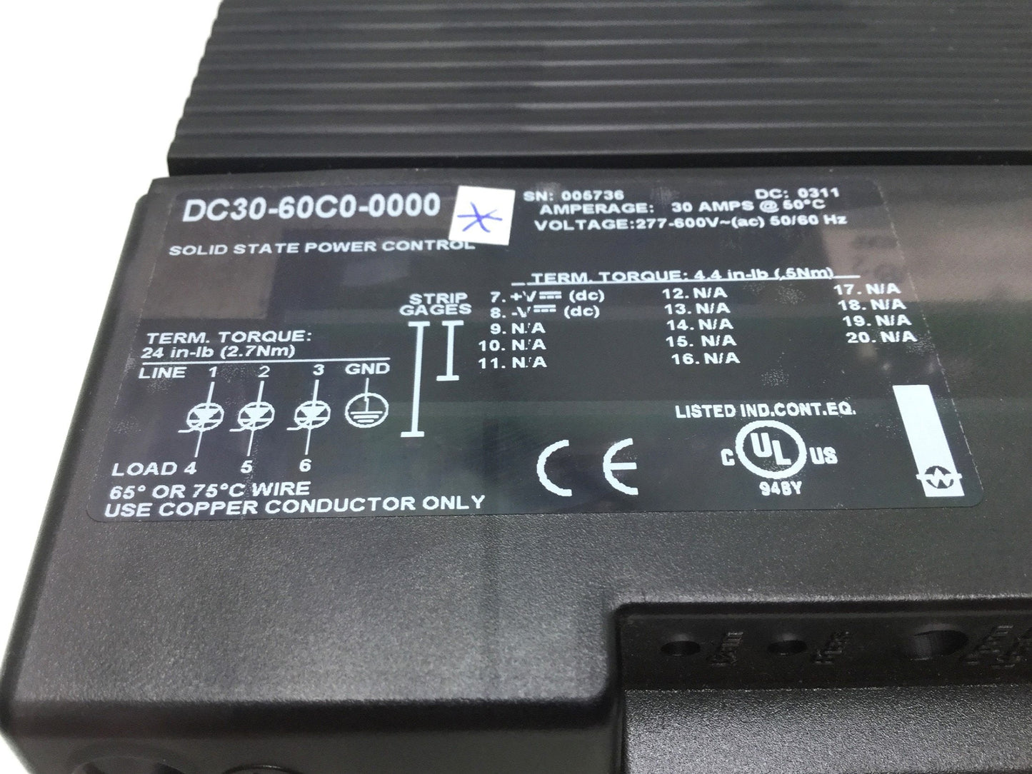 Used Watlow DC30-60C0-0000 Solid State 30A Power Controller 277-600VAC, 4.5-32VDC