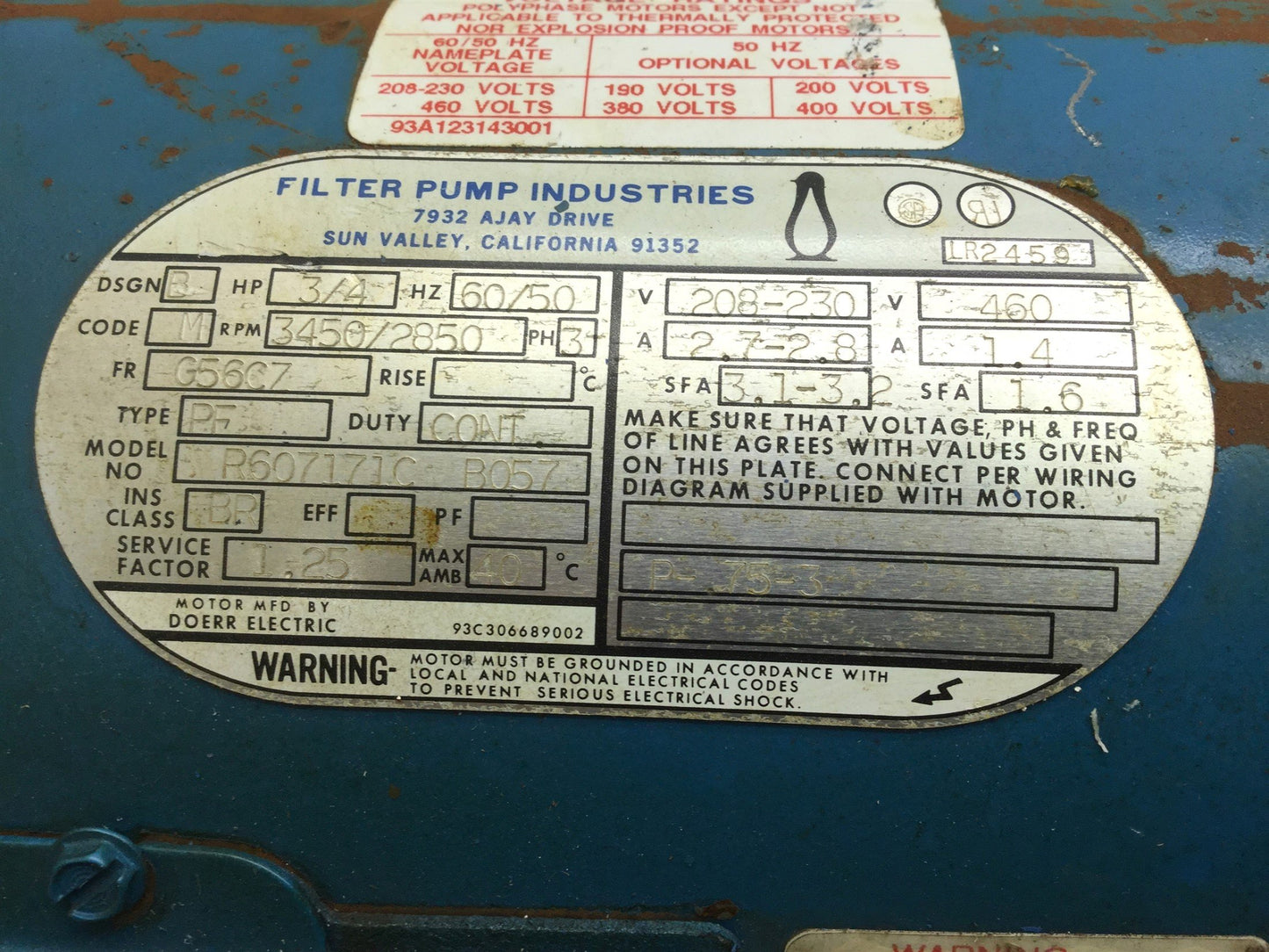 Used Penguin P-3/4BHP Vertical Pump & Motor, 70GPM, 3/4HP, 46' Head, 208-230/460VAC