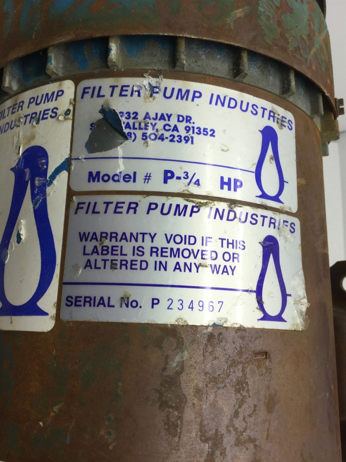 Used Penguin P-3/4BHP Vertical Pump & Motor, 70GPM, 3/4HP, 46' Head, 208-230/460VAC