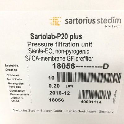 New – Open box Lot of 10 Sartorius 18056D Sartolab-P20 Plus Filters, Sterile, Expired 2016-12