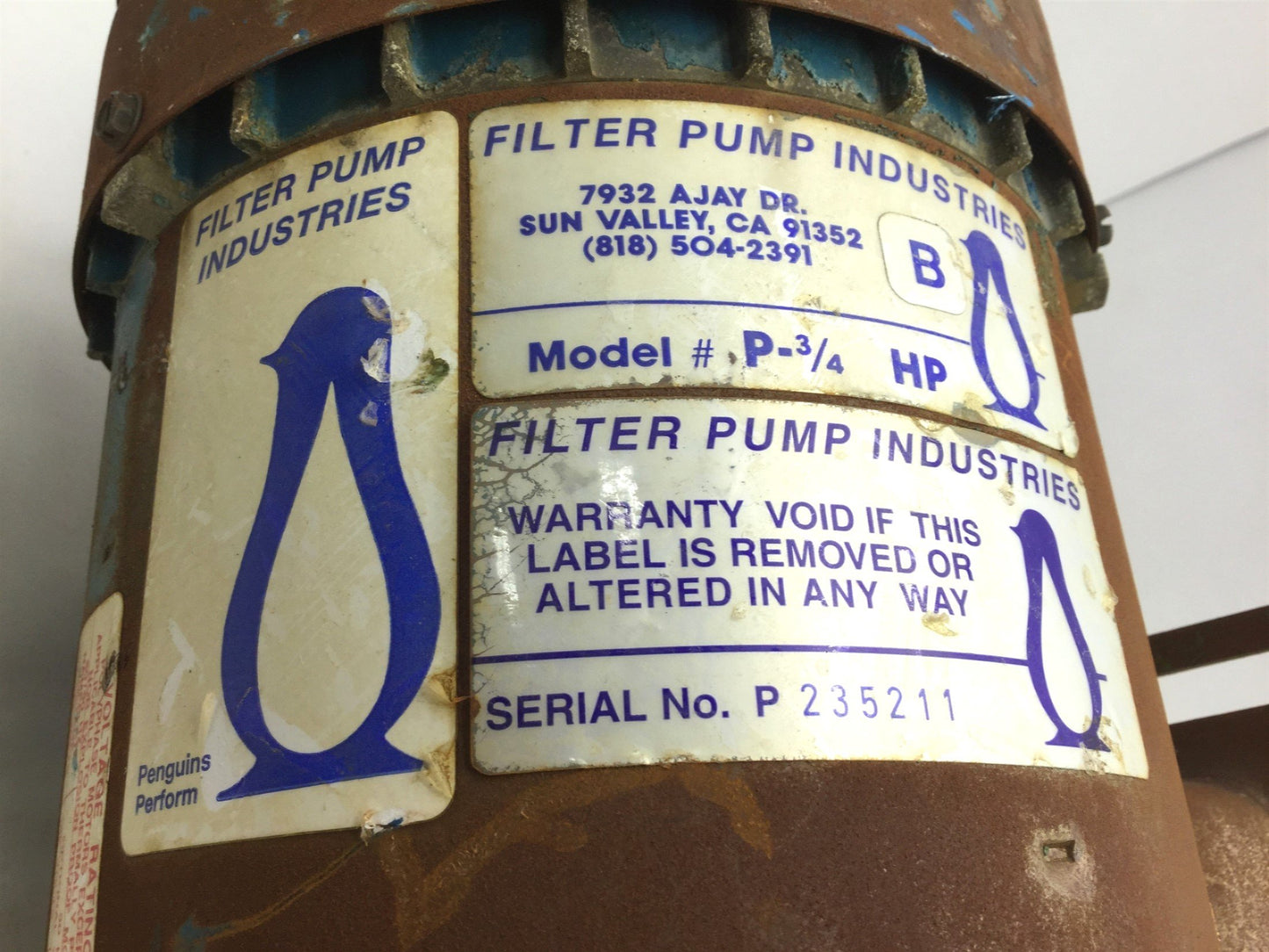 Used Penguin P-3/4BHP Vertical Pump & Motor, 70GPM, 46' Head, 208-230/460VAC, 3/4HP