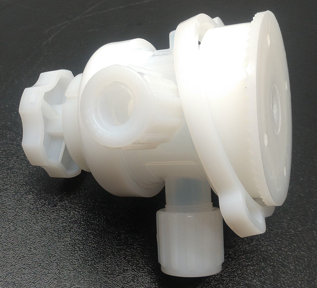 New – Open box Furon UPM3-F1212-MT 3-Way Multi Turn Valve, PNFA, 3/4" Orifice, 3/4" Flaretek