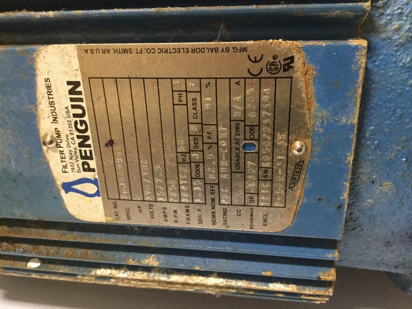 Used Penguin P-5CK Vertical Pump & Motor, 172GPM, 208-230/460VAC, 5HP, 122' Head