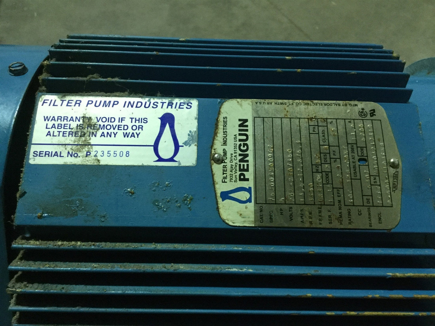 Used Penguin P-5CK Vertical Pump & Motor, 172GPM, 208-230/460VAC, 122' Head, 5HP