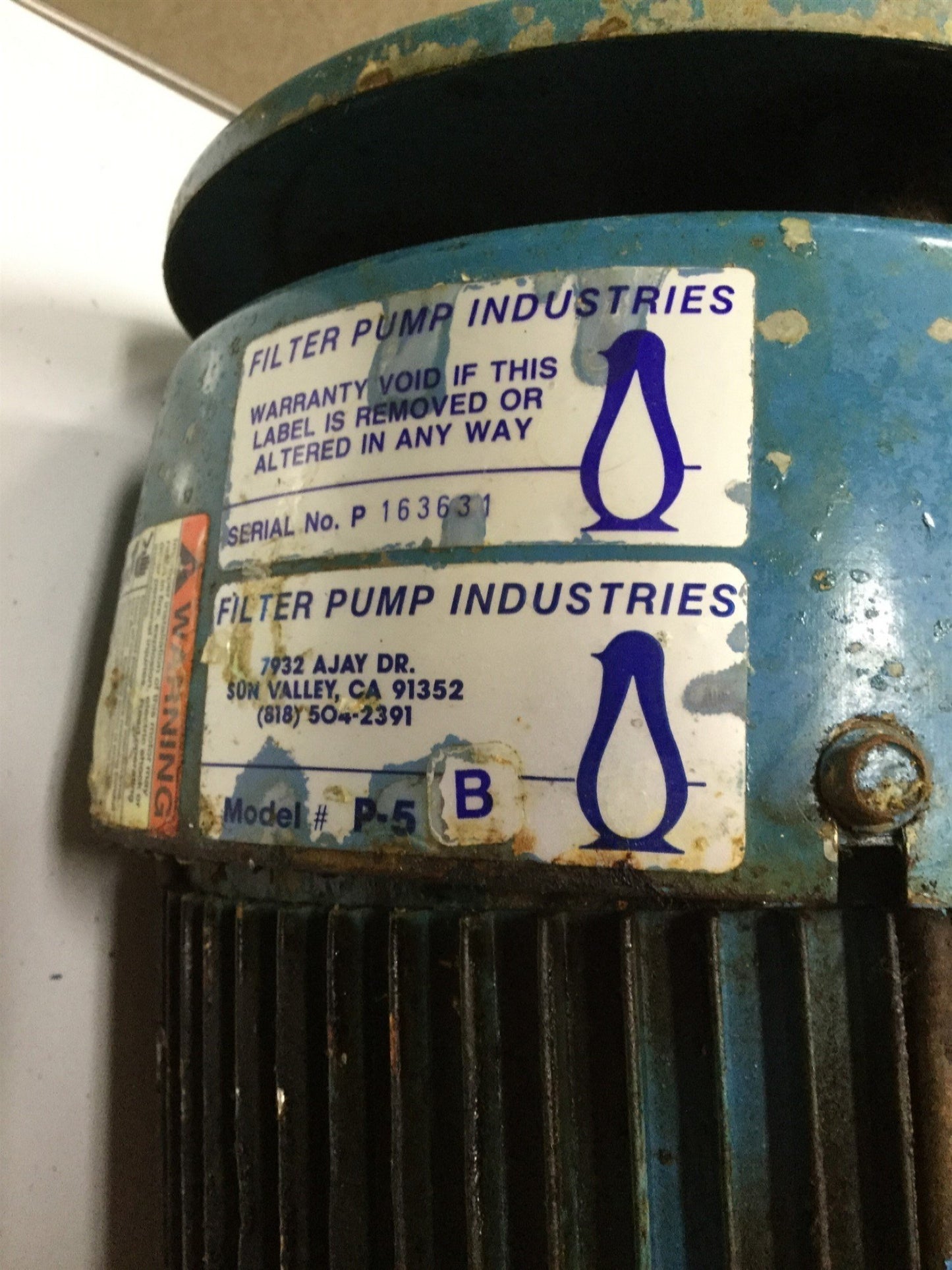 Used Penguin P-5C Vertical Pump & Motor, 172GPM, 5HP, 208-230/460V AC, 122' Head