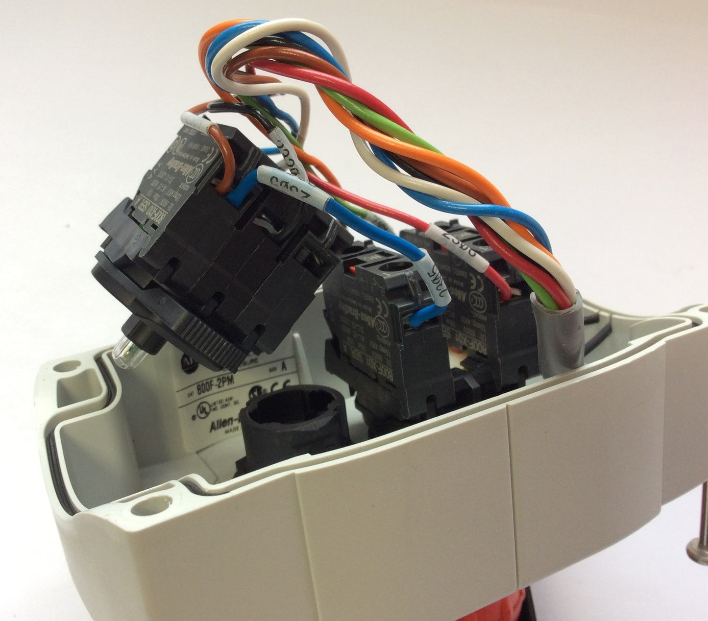 Used Allen Bradley 800F-2PM Enclosure 22 mm w/ Emergency Stop Blue Lighted Pushbutton