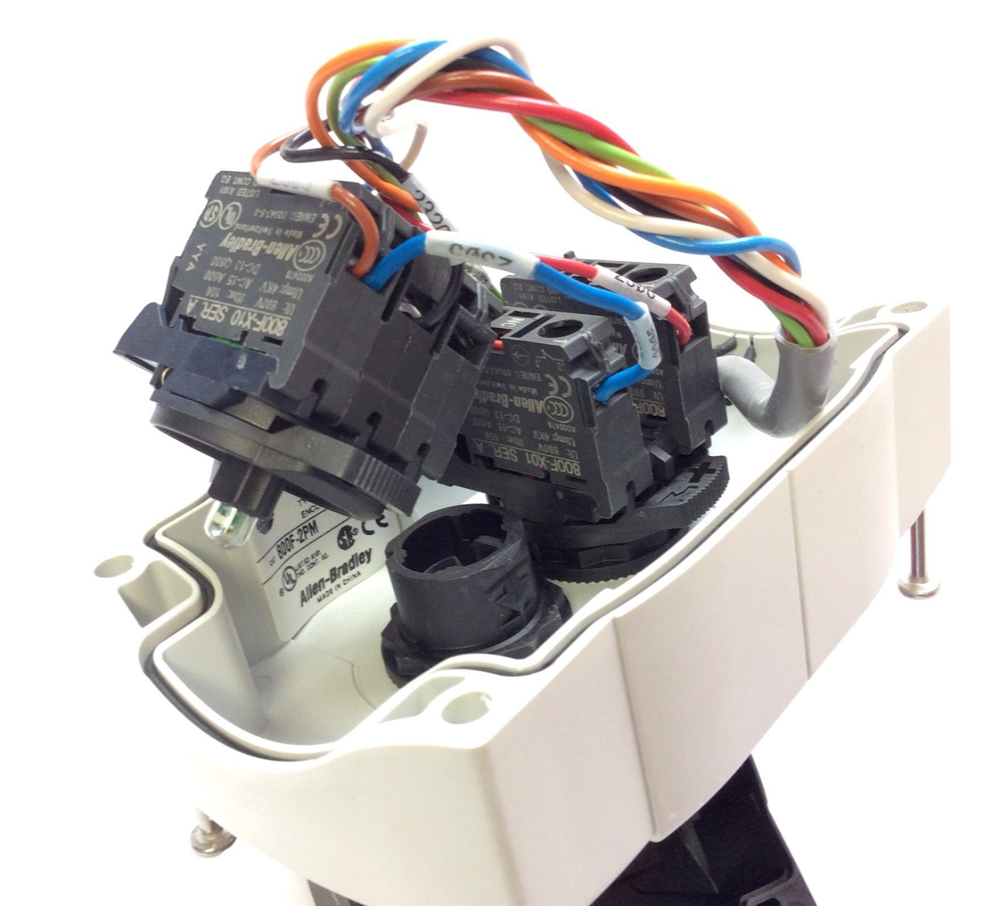 Used Allen Bradley 800F-2PM Enclosure 22 mm w/ Emergency Stop Blue Lighted Pushbutton