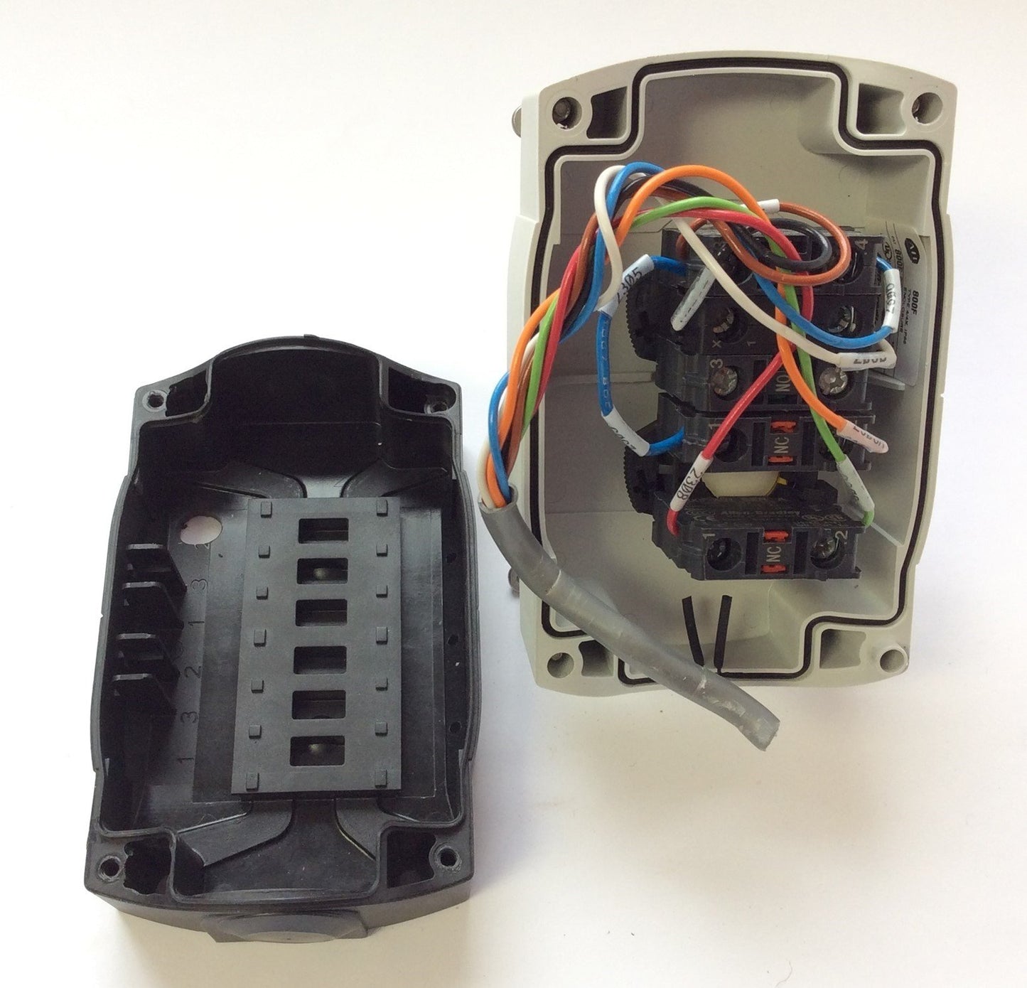 Used Allen Bradley 800F-2PM Enclosure 22 mm w/ Emergency Stop Blue Lighted Pushbutton