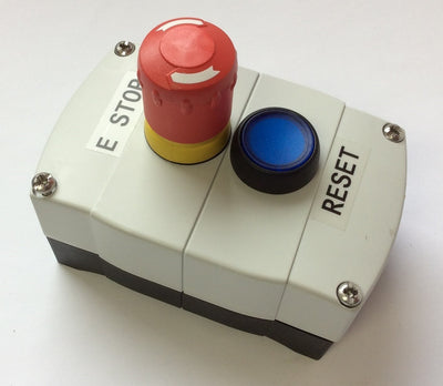 Used Allen Bradley 800F-2PM Enclosure 22 mm w/ Emergency Stop Blue Lighted Pushbutton