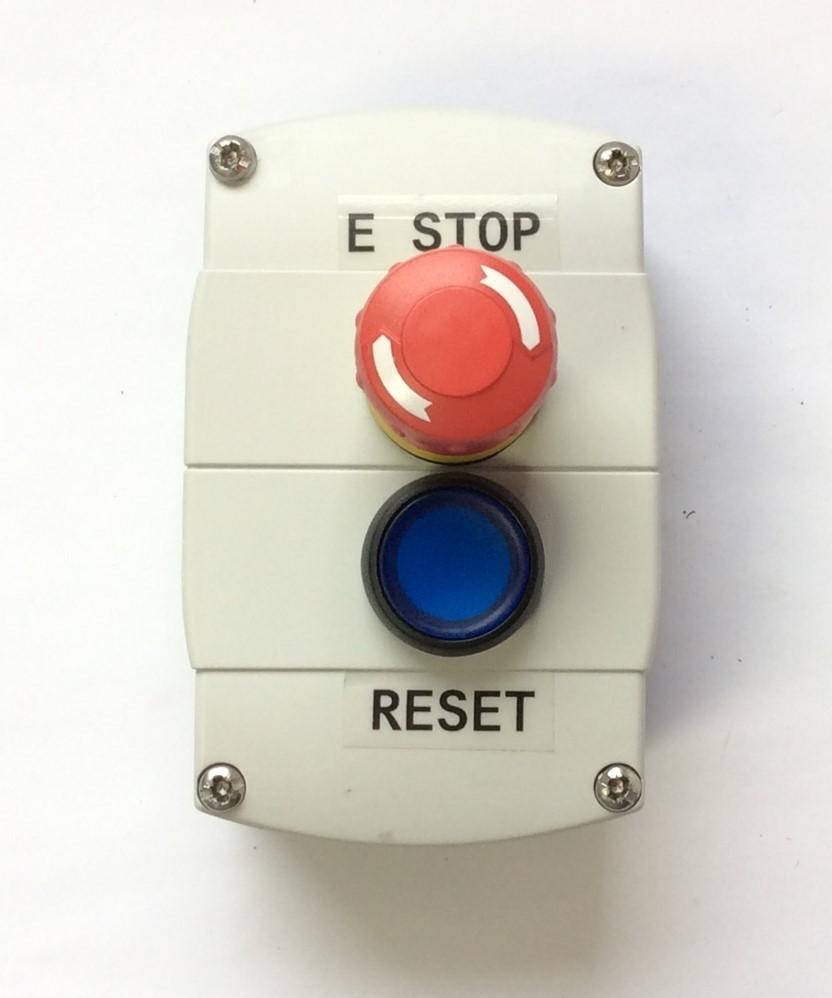 Used Allen Bradley 800F-2PM Enclosure 22 mm w/ Emergency Stop Blue Lighted Pushbutton