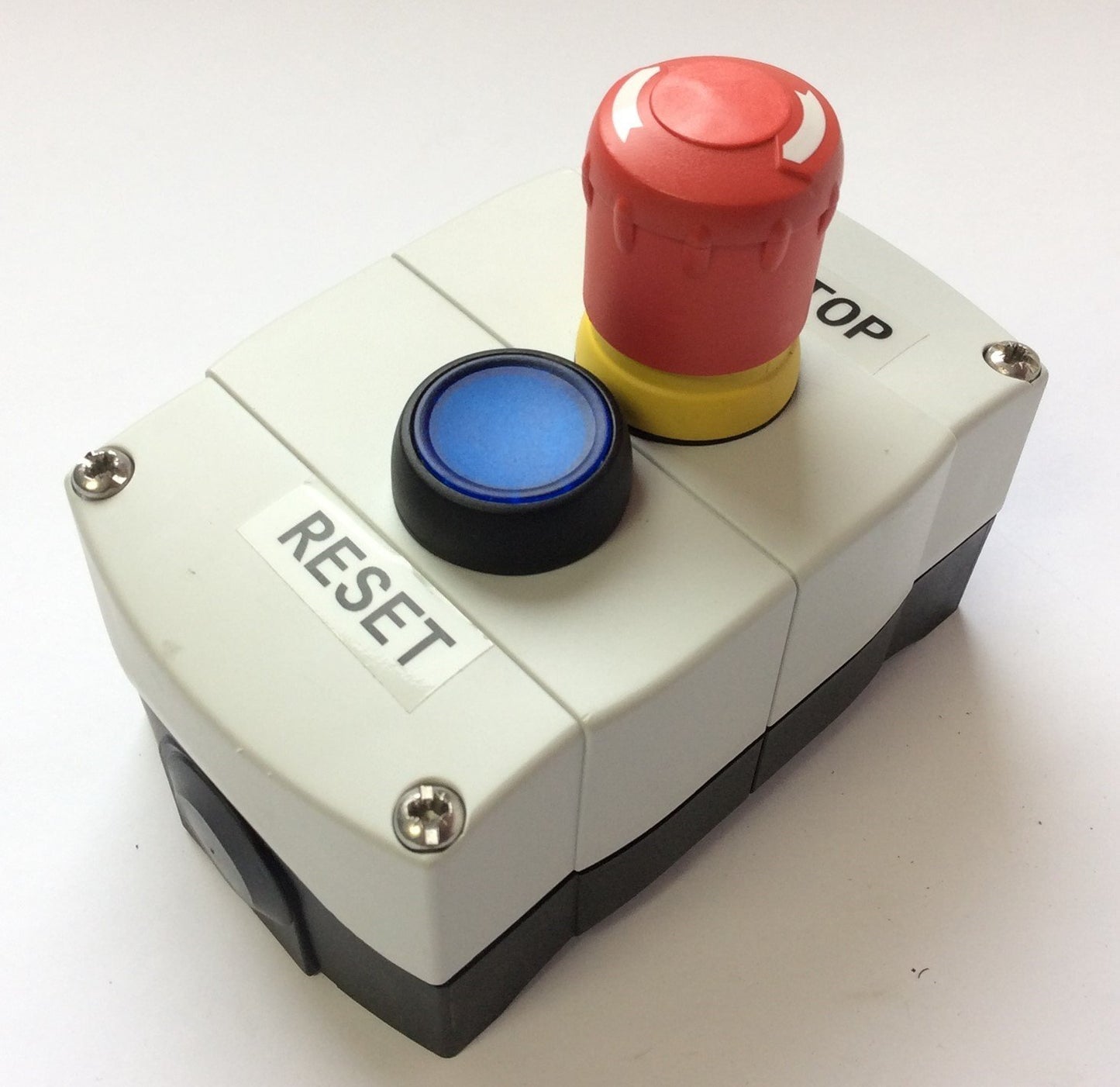 Used Allen Bradley 800F-2PM Enclosure 22 mm w/ Emergency Stop Blue Lighted Pushbutton