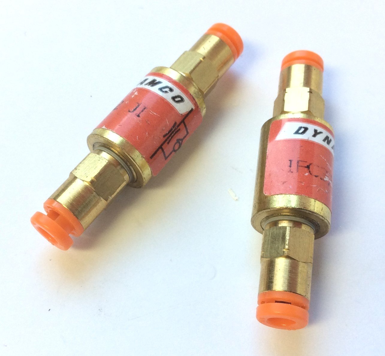 Used Lot of 2 Dynamco IFC32 Pneumatic In-Line Brass Flow Control Orifice .0126" .32mm