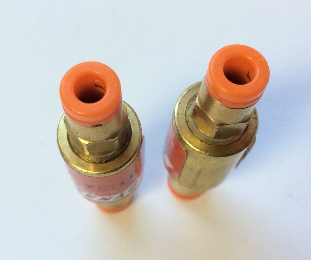 Used Lot of 2 Dynamco IFC32 Pneumatic In-Line Brass Flow Control Orifice .0126" .32mm
