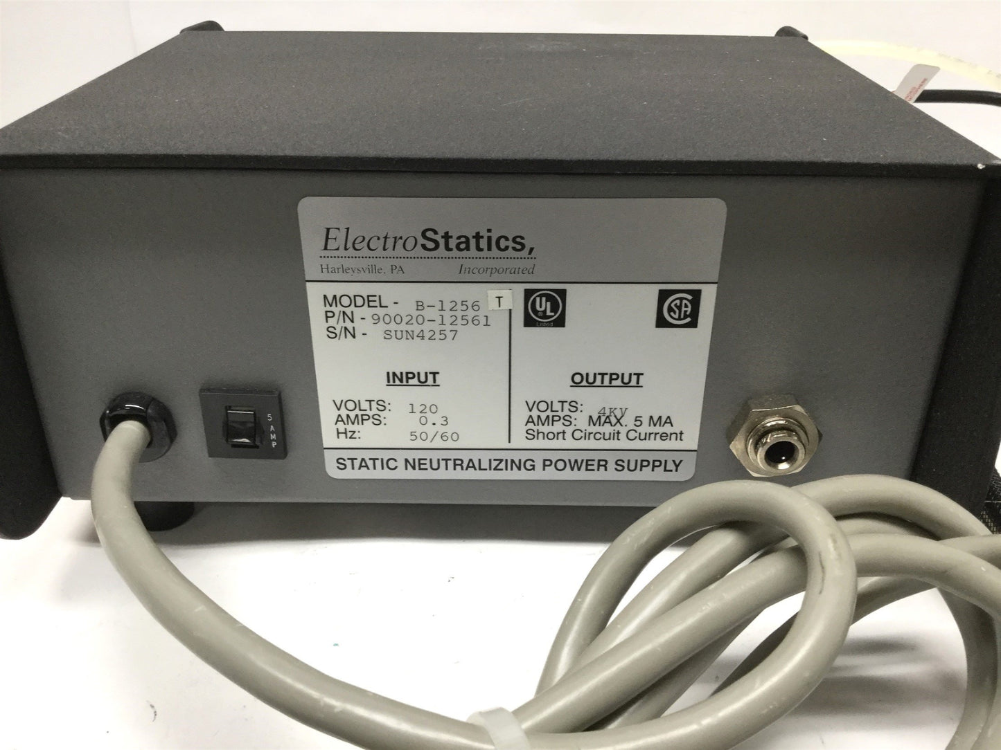 Used ElectroStatics B-1256 Static Neutralizing Equal Ion 4kV Power Supply Unit Nozzle