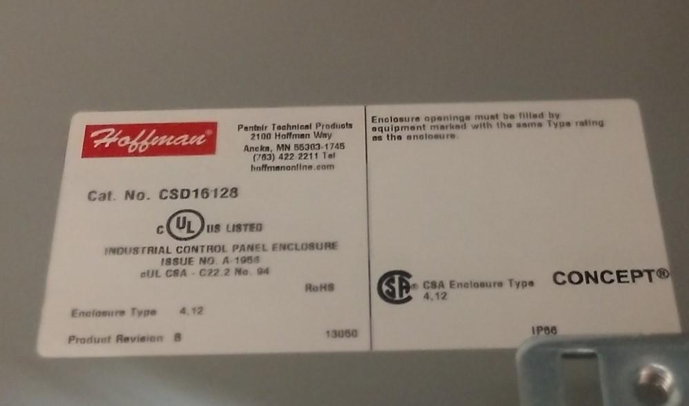 Used Hoffman CSD16128 Electrical Enclosure Depth: 8" Height: 16" Width: 12" *Holes*