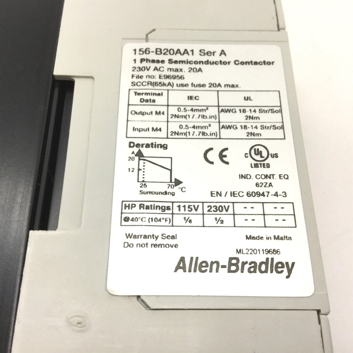 Used Allen Bradley 156-B20AA1 Solid State Semiconductor Contactor, Control: 24-275VAC