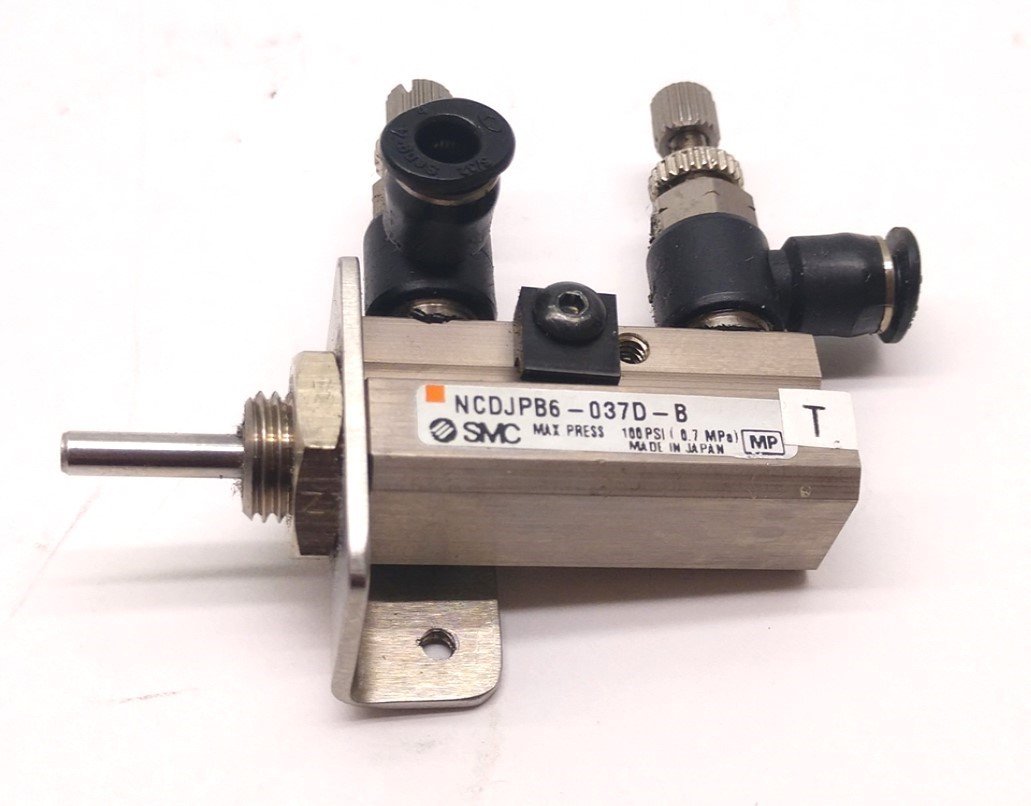 Used SMC NCDJPB6-037D-B Pin Cylinder, Double Action, Stroke: 3/8", Bore: 1/4"