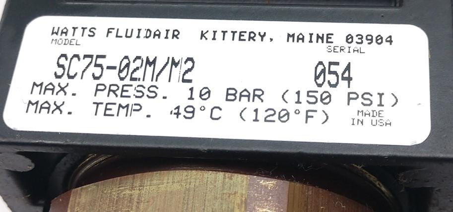 Used Parker Watts Fluidair SC75-02M/M2 Soft Start/Quick Dump, 1/4" Ports, 24VDC/48VAC