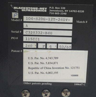 Used Blackstone-Ney 104-S2DG-12T-240V-A dualSWEEP Ultrasonic Generator 104kHz 240VAC