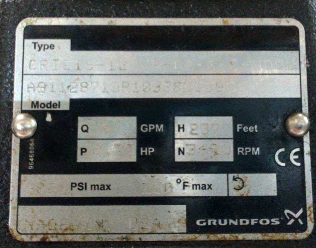 Used Grundfos CRIE 1S-12 Centrifugal Pump 4GPM 1"NPT w/ ML71BA Motor 3/4HP 220/440VAC
