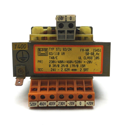 Used Block STU 63/24 Transformer, 1 Phase, 50/60Hz, Pri: 210-540VAC Sec: 24VAC 63VA