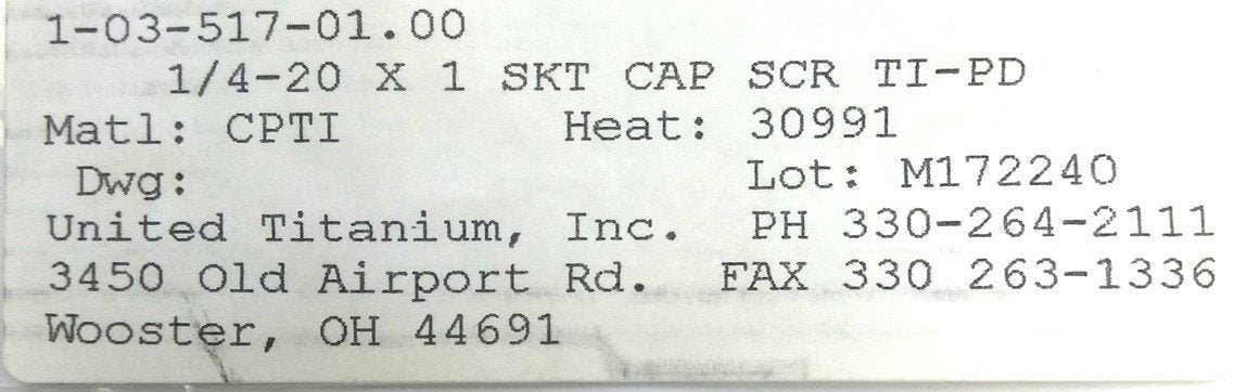 New – Open box Lot of 2 United Titanium 1-03-517-01.00 Socket Cap Screws 1/4-20 x 1" Grade 7