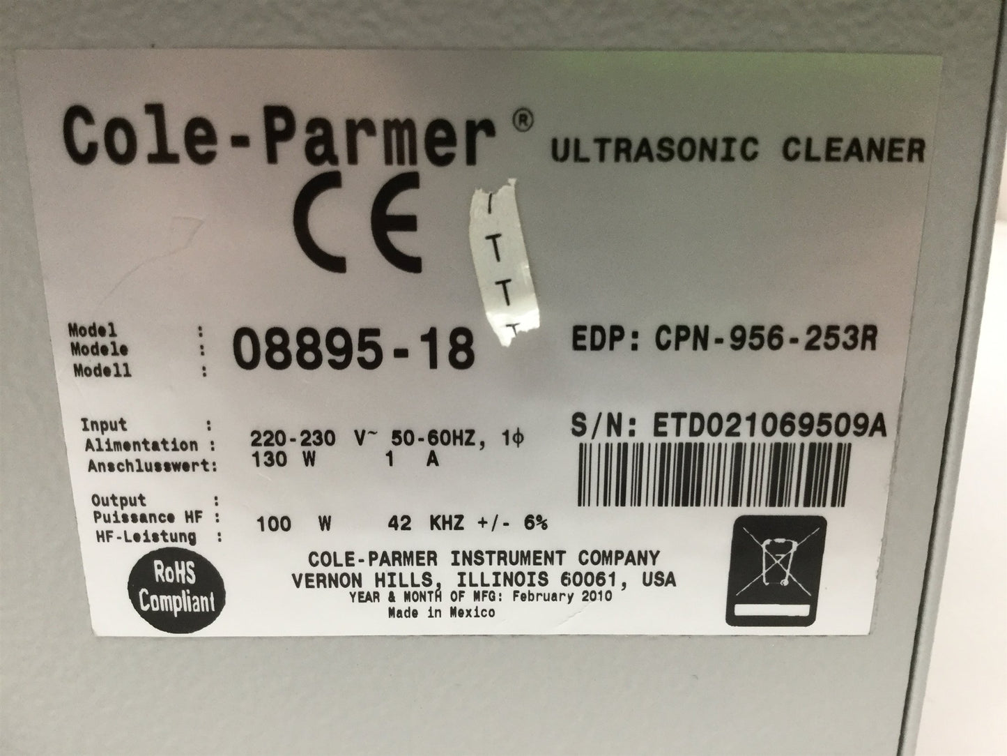 Used Cole Parmer 08895-18 Ultrasonic Cleaner, Stainless Steel, 1 Gal, 60 Min, 220VAC