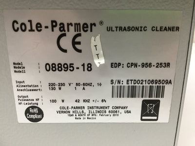 Used Cole Parmer 08895-18 Ultrasonic Cleaner, Stainless Steel, 1 Gal, 60 Min, 220VAC