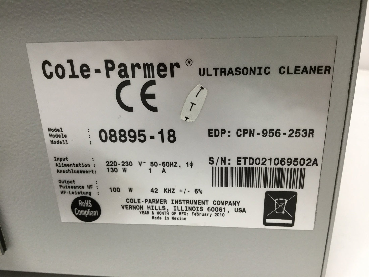 Used Cole Parmer 08895-18 Ultrasonic Cleaner, Stainless Steel, 1 Gal, 60 Min, 220VAC